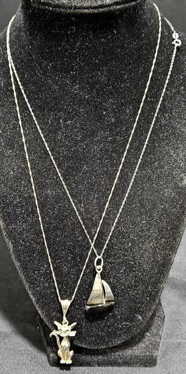2 Sterling Siler .925 Necklaces - Onyx Sail Boat +