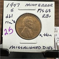 1947-S WHEAT PENNY CENT MISSALIGNED DIES