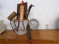 kitchen collectibles, hooks, spring scale, slaw