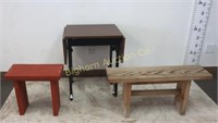 Wooden Benches, Typewriter/Tool Table 3pc lot