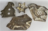 4 tin figural cookie cutters ca. 1880-1920; all