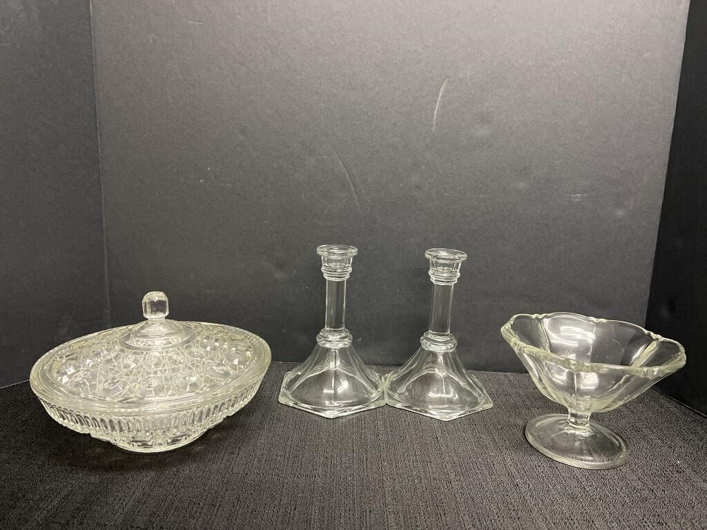 Clear button & cane pressed glass candy dish,