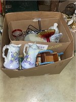 Box of miscellaneous glassware and painted items,