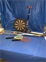 Dartboard - no darts, small scooter, pair of