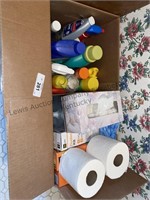 Box lot of bathroom supplies, tissue, TP,
