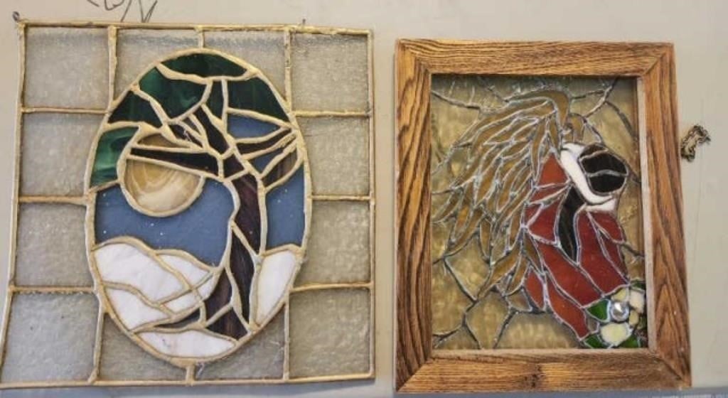 Pair of Stained Glass Pieces. Abstract in Wood