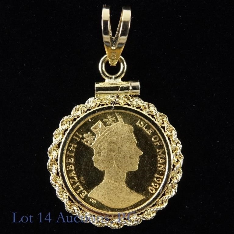 1990 Isle of Man 1/10 Oz. Gold  Angel 14 kt  Bezel