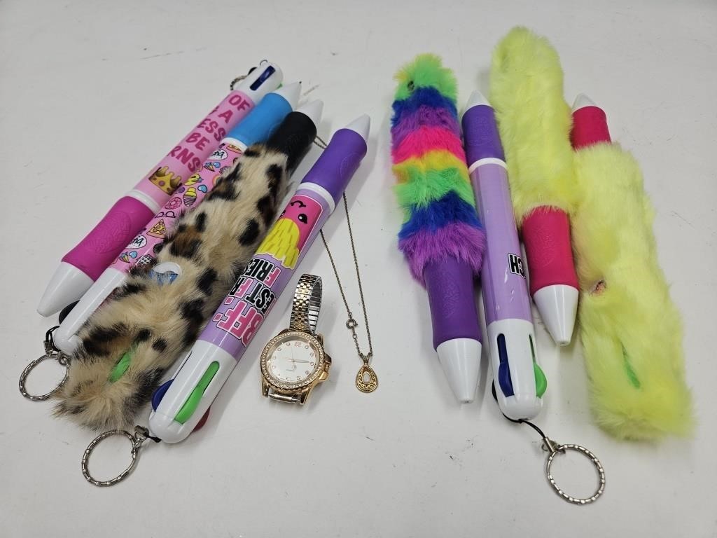Large Lot of Novelty Ink Pens, Watch & Necklace