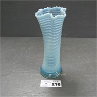 9" Blue Opalescent Flint Ribbed Spiral Swung Vase