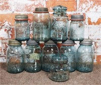 10 Assorted Blue Glass Fruit Jars