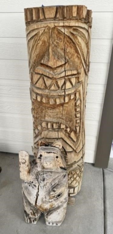 Wood Carved Tiki Man & Bear
