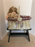 Green Wooden Stool with Basket & Dollie