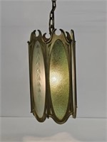 CAST BRASS HANGING LIGHT WITH GREEN STAINED GLASS