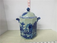 IRONSTONE BLUE & WHITE LIDDED JAR WITH HANDLES