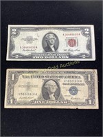 1-1957 $1 silver cert. & 1-1953 $2 Bank Note