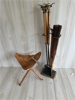 Leather Longhorn Stool; Longhorn Fireplace Tools