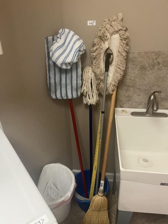Assorted Cleaning Tools, Bucket, & Trash Can