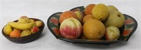 2 BOWLS OF STONE FRUIT, TOLE BOWL WITH 14 PCS. OF
