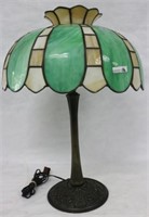 LEADED GLASS TABLE LAMP, GREEN & CARMEL SLAG,