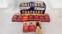 Ten vintage seasoning containers & Saltines box.