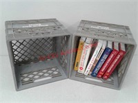 2 plastic milk crates and home medical books