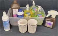 Clear Plastic Tub With Hand Soaps, Shaving Cream,