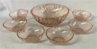 DEPRESSION PINK GLASS BOWL WITH SIX SALAD BOWLS.