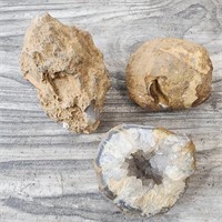 Two Uncut Geodes and One Half That Has Been Cut!