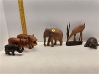 6 CARVED WOOD ANIMALS-5"-7" LONG
