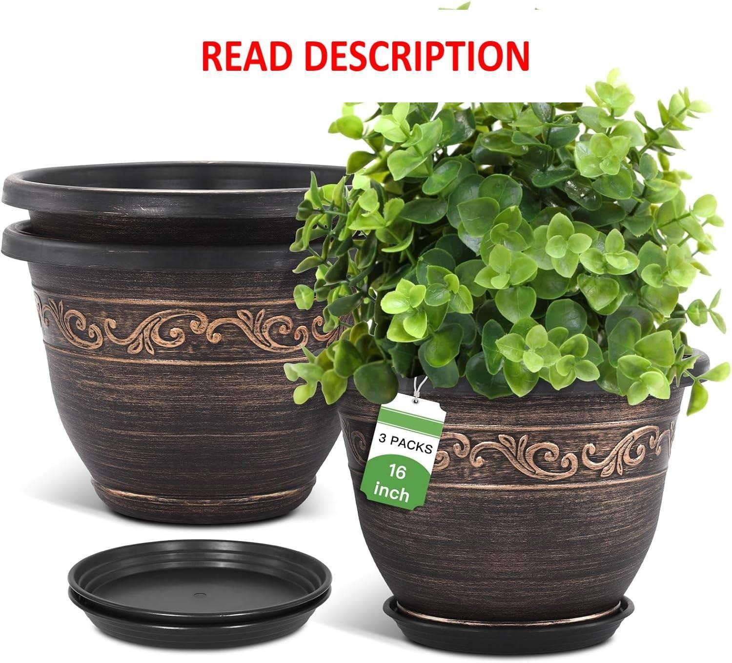 Plastic Plant Flower Planters 16 Inch, 3 Pack