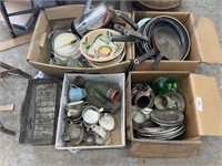 4 BOXES - PAINTED BOWLS, GLASSWARE, PANS