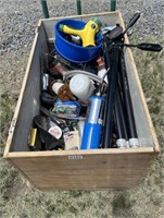 LARGE WOOD BOX FILLED W/ HARDWARE, TOOLS, ETC.