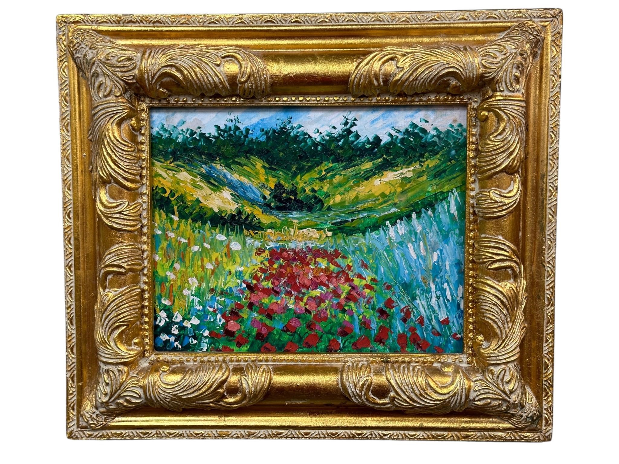 Framed Oil on Canvas Flower Field Painting