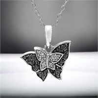 Black & White Double Butterfly Pendant 18" Chain