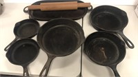 Cast irons skillets and wood rolling pin