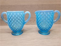 Fenton Blue Hobnail Sugar & Creamer