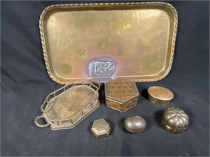 7 brass pieces - large brass tray 16.5x9.5,