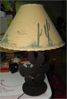Cast Iron Cactus Lamp, Shade Signed Roy Rogers
