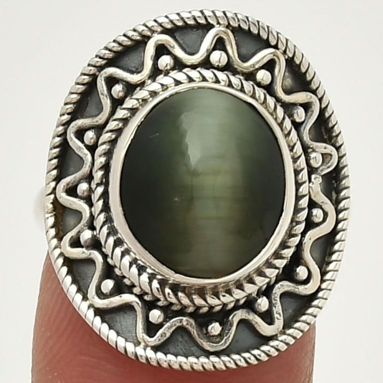 925 Sterling Silver Natural Genuine Cats Eye Ring