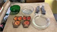 Glass bowl, Pyrex dishes, wheels, owl decorations