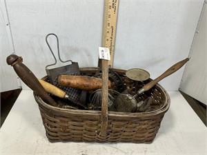 Hand woven basket with primitive kitchen utensil i