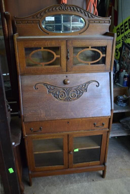 Tiger Oak drop front ladies writing desk with mirr