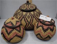 Three Swazi Lidded grassland baskets in blue and p