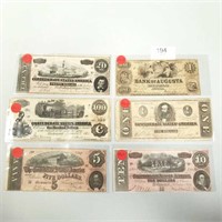 6 pieces of Confederate currency - $1 to $100