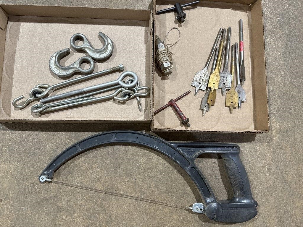 Stanley Hacksaw, wood drill bits, hooks, hardware