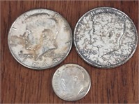 Two Kennedy Half Dollars USA silver plus Dime