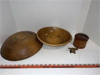 Two wooden dough bowls, mini brass anvil, wooden