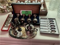 Plated & Sterling Silver Spoons, Tray, S&P Shakers