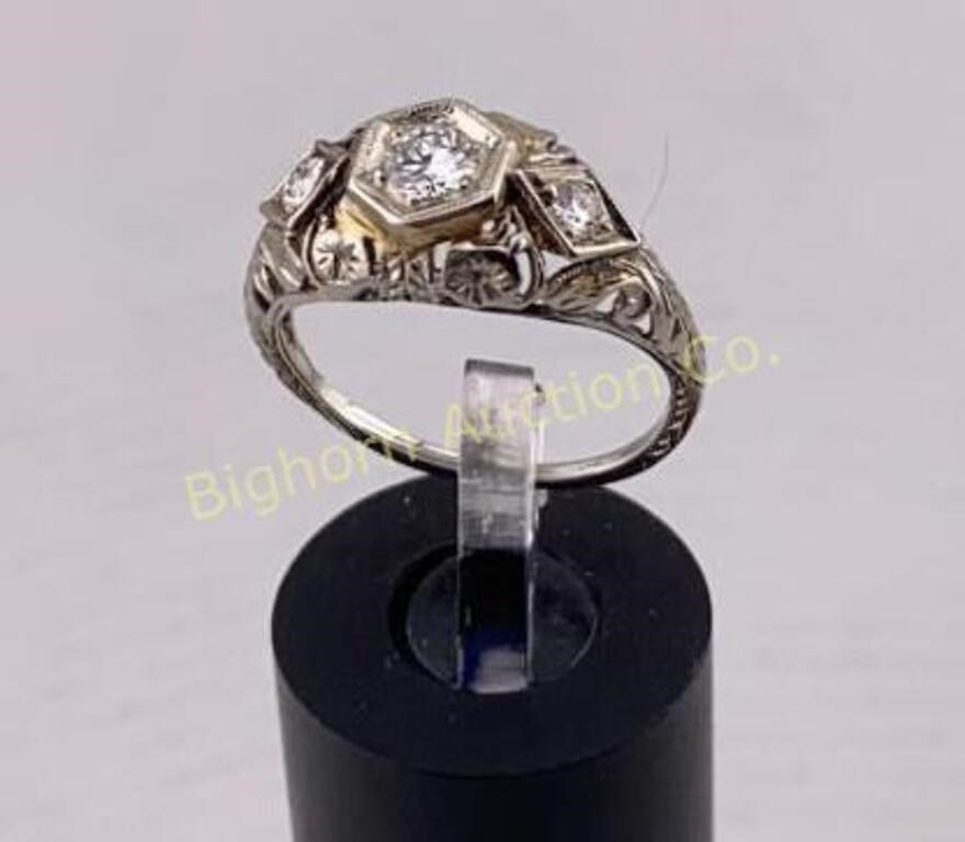 VTG Diamond Ring Size 7,18K Gold C.1930’s Art Deco