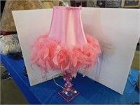 PINK GLASS BASE LAMP WITH FEATHER PINK SHADE  26.5